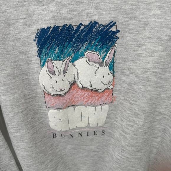 VTG 90s Snow Bunnies Sweatshirt Gray Pullover Rabbits Graphic Winter M L Cozy - Picture 4 of 6